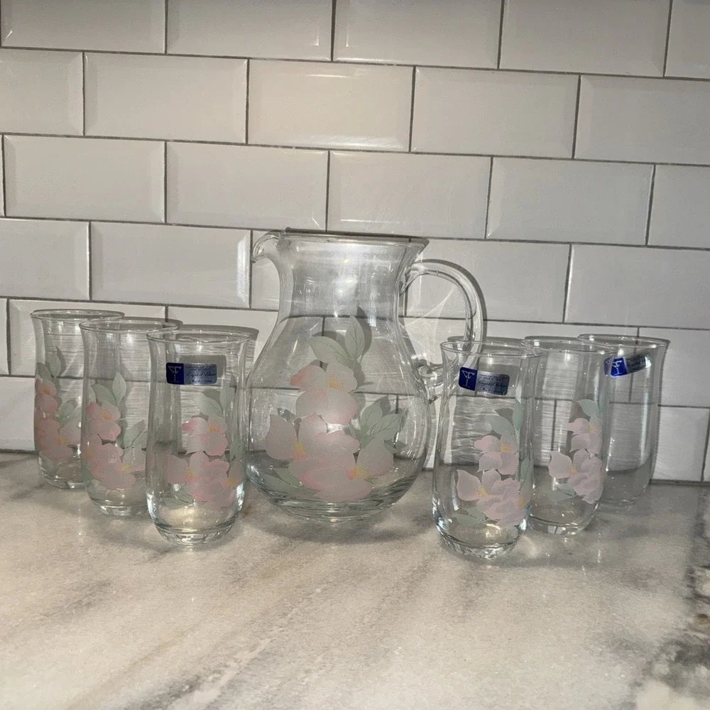 PASABAHCE TURKISH Glass Ice Lip Pitcher and 6 Glasses Pink FlowerMotif GW999 New